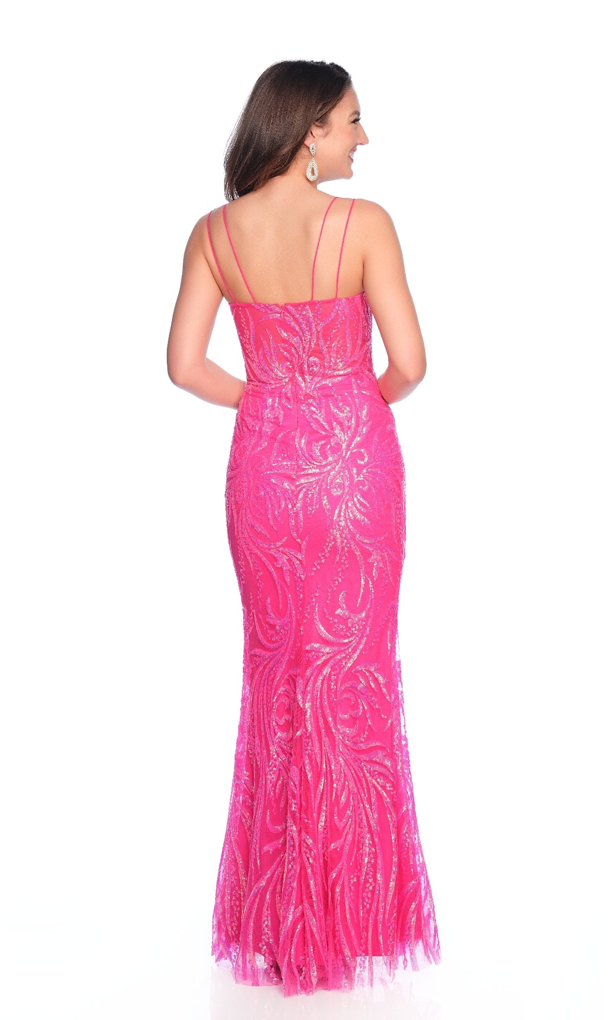A woman is shown from the back against a white background wearing the Hot Pink Prom Dress: Dave & Johnny 12319. The dress is floor-length, sleeveless, fitted, with thin straps and sequin detailing.